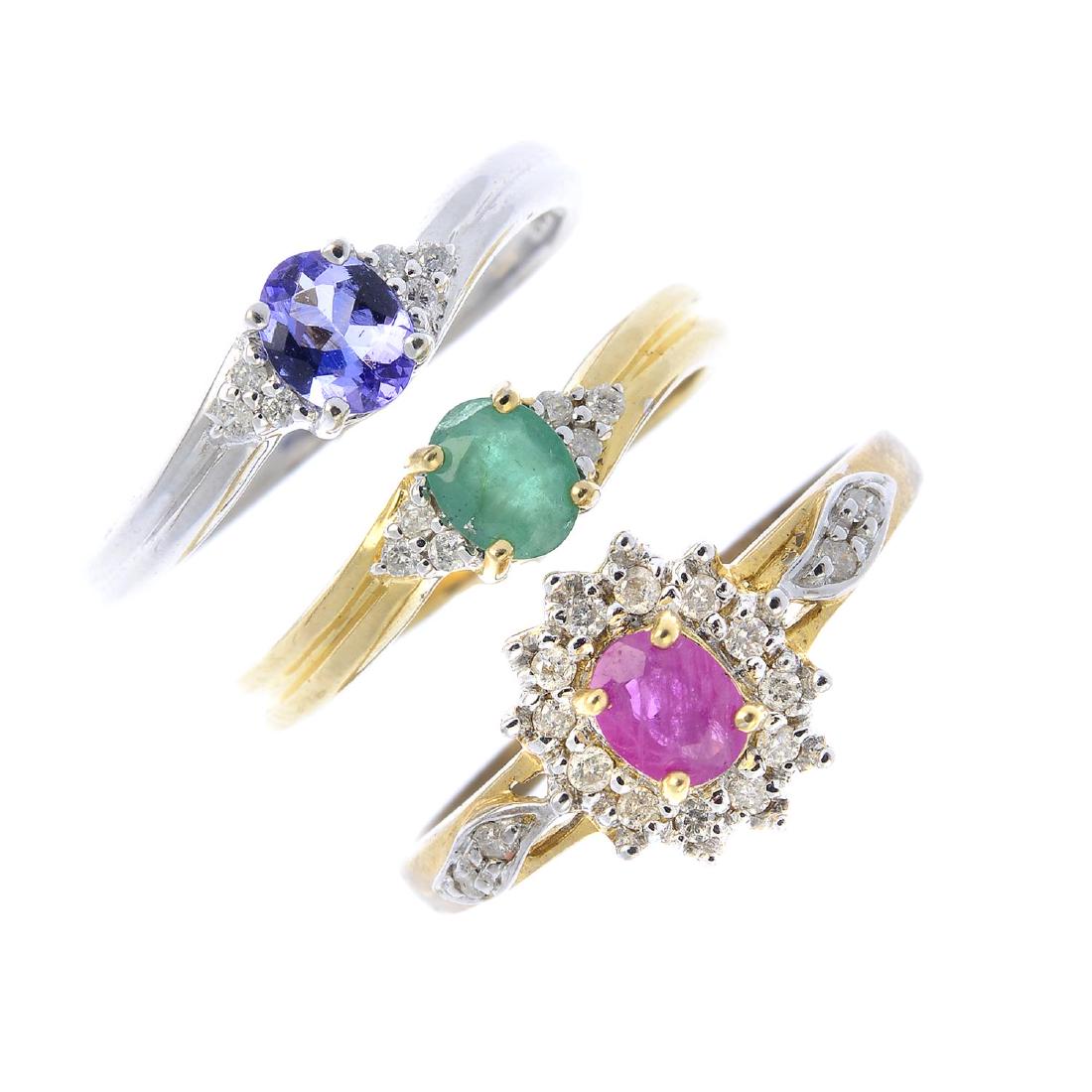 Six 9ct gold diamond and gem-set rings. To include an (1 of 4)