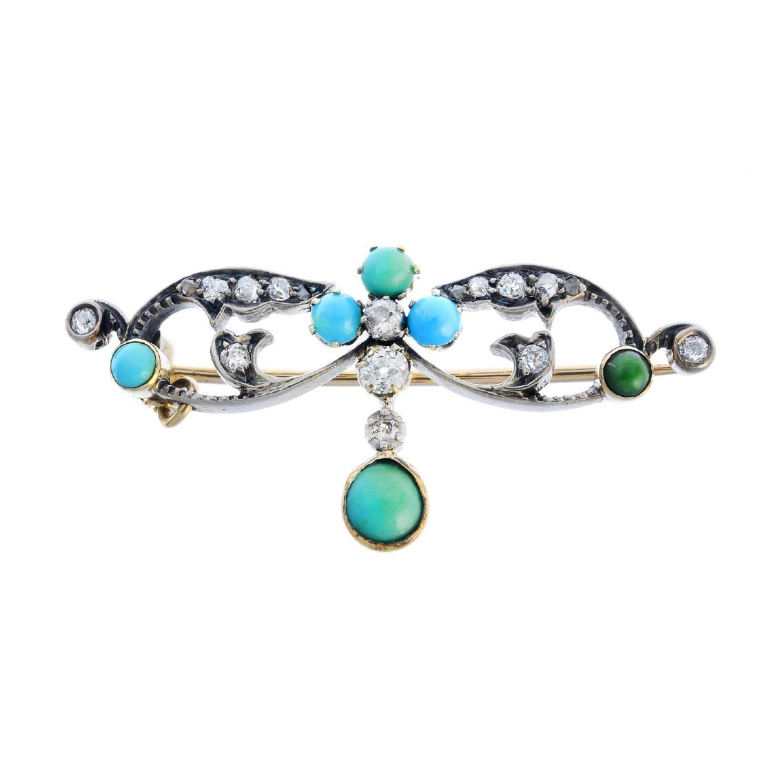 A late Victorian turquoise and diamond brooch. Of (1 of 2)
