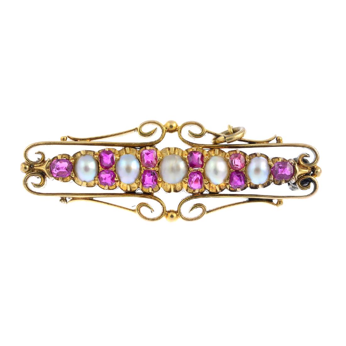 An early 20th century gold ruby and split pearl bar (1 of 2)