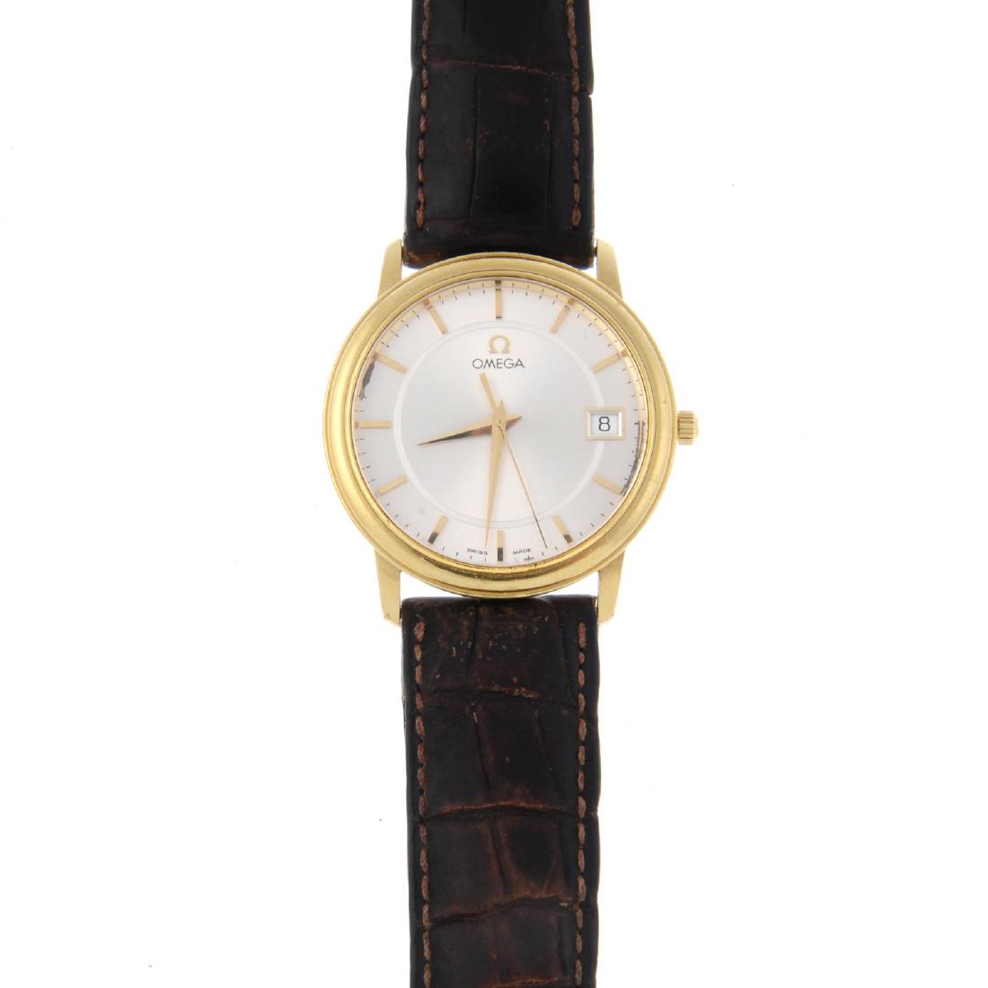 OMEGA - a gentleman's wrist watch. 18ct yellow gold: OMEGA - a gentleman's wrist watch. 18ct yellow gold case. Signed quartz calibre 1532. Silvered dial. Fitted to a signed brown alligator strap with gold plated pin buckle. 34mm. Recommended for spares 