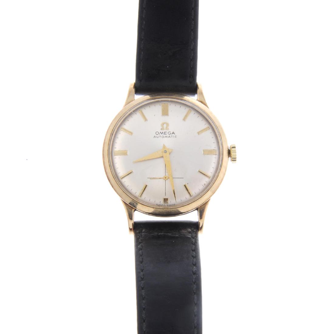 OMEGA - a gentleman's wrist watch. 9ct yellow gold: OMEGA - a gentleman's wrist watch. 9ct yellow gold case, hallmarked Birmingham 1948. Numbered 12308 183943. Signed bumper automatic movement. Silvered dial. Fitted to an unsigned black leather strap w