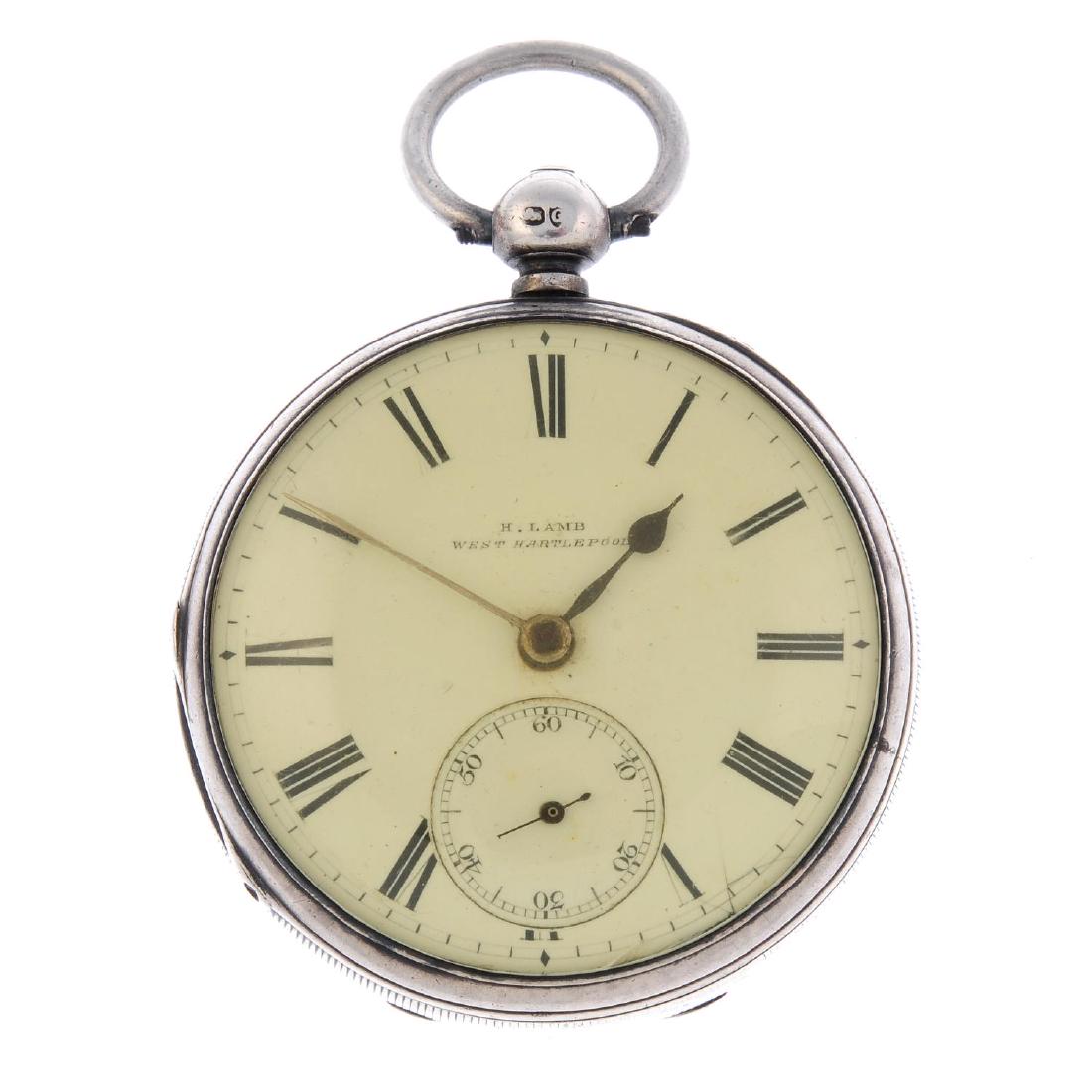 An open face pocket watch by H.Lamb. Silver case,: An open face pocket watch by H.Lamb. Silver case, hallmarked London 1882. Signed key wind full plate fusee and chain movement with ratchet tooth lever escapement. White dial. 50mm. Together with two s