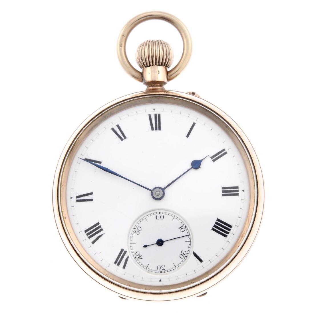 An open face pocket watch. 9ct yellow gold case with: An open face pocket watch. 9ct yellow gold case with engraved case back and cuvette, hallmarked Birmingham 1923. Unsigned keyless wind three quarter plate movement with ratchet tooth lever escapement.