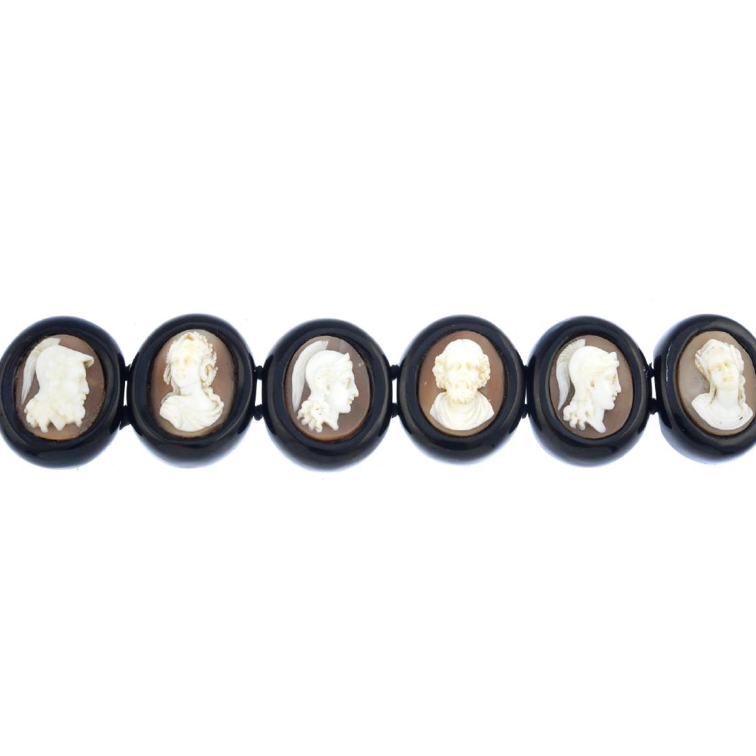 A mid Victorian jet and shell cameo bracelet. (1 of 3)