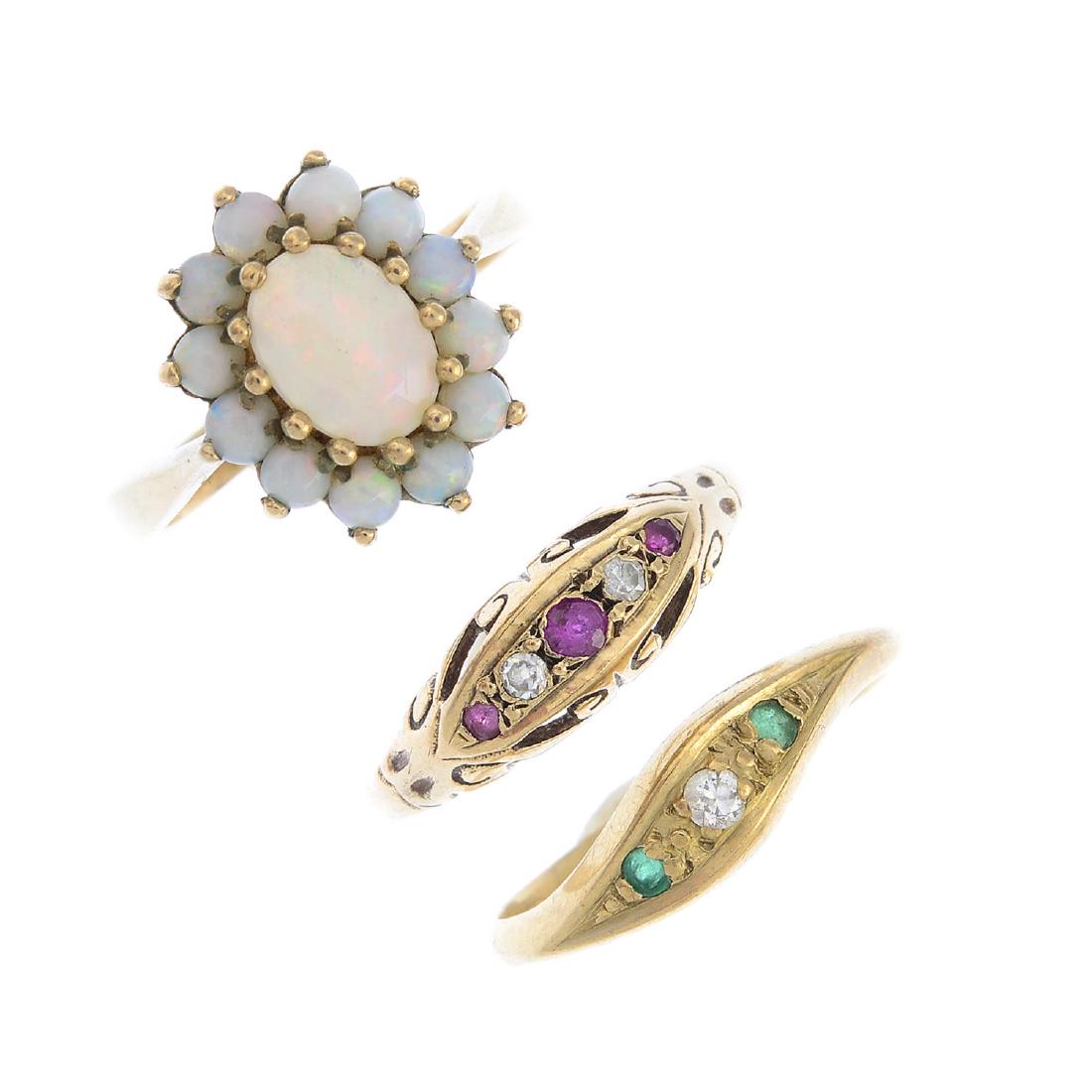 Four gold diamond and gem-set rings. To include an 18ct (1 of 4)