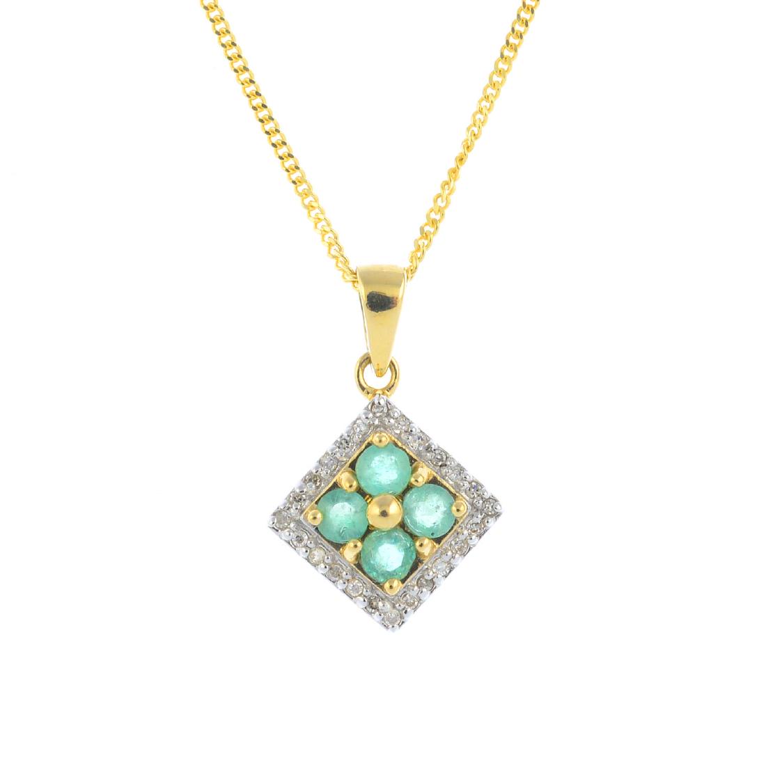 A 9ct gold diamond and emerald cluster pendant. Of (1 of 2)