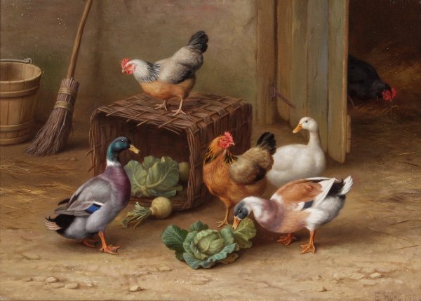 EDGAR HUNT (British, 1876 - 1953): EDGAR HUNT (British, 1876 - 1953) Chickens and ducks feeding on cabbages and other vegetables by a barn door. Oil on canvas, signed and dated 1924 lower right. 14.5" x 10.5" (37cm x 27cm).