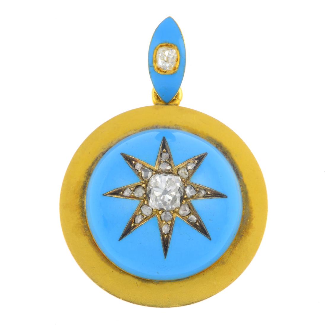 A late Victorian 18ct gold diamond and enamel pendant. (1 of 2)