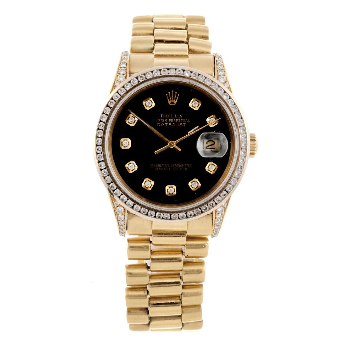 ROLEX - a gentleman's Oyster Perpetual Datejust: ROLEX - a gentleman's Oyster Perpetual Datejust bracelet watch. Circa 2001. 18ct yellow gold diamond set case with diamond set bezel. Reference 16238, serial K482738. Signed automatic calibre 3135 wit