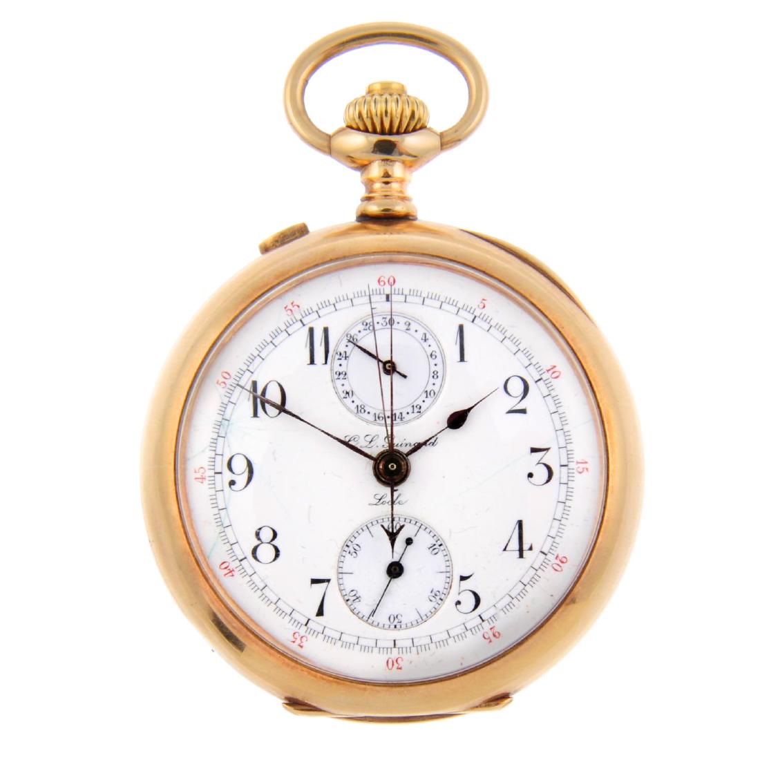 An open face chronograph pocket watch by C.L. Guinand.: An open face chronograph pocket watch by C.L. Guinand. Yellow metal case, stamped 14K. Numbered 39519. Signed keyless wind movement with ratchet tooth lever escapement. White dial with Arabic numeral 