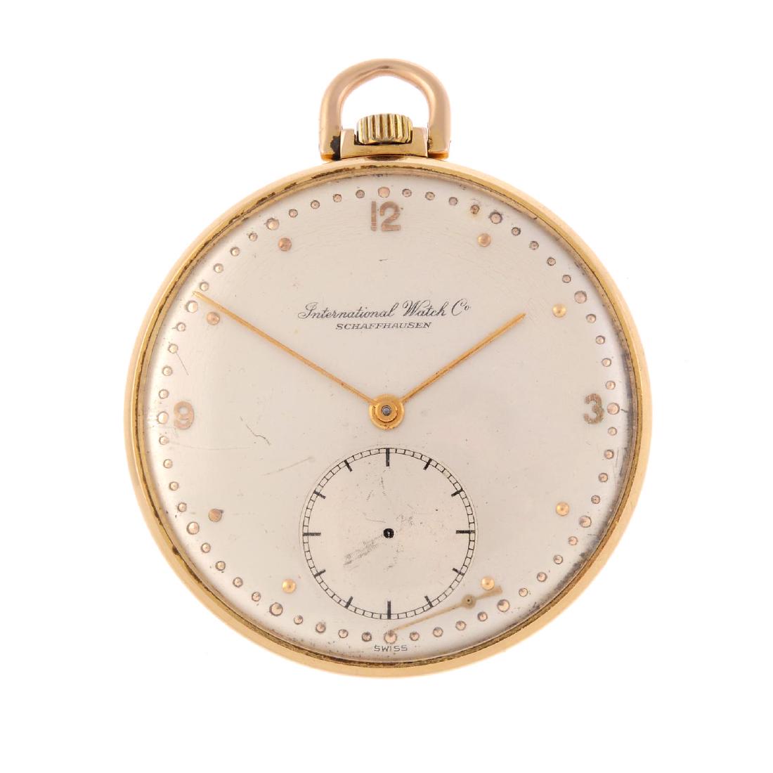 An open face pocket watch by IWC. Yellow metal case,: An open face pocket watch by IWC. Yellow metal case, stamped 18K 750. Numbered 1156523. Signed keyless wind movement with club tooth lever escapement. Silvered dial with dot hour markers, Arabic numer