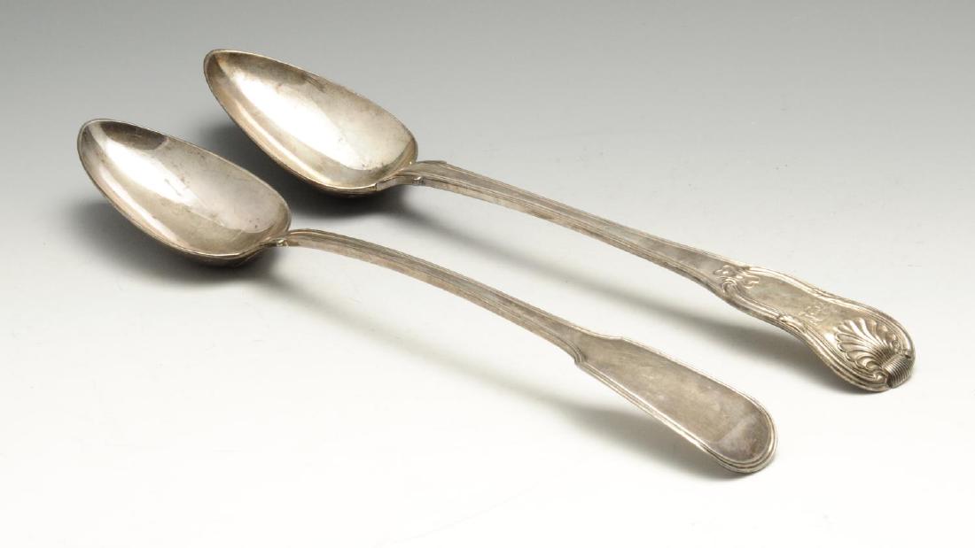 A George III silver basting spoon, of Fiddle Thread: A George III silver basting spoon, of Fiddle Thread pattern, hallmarked William Eley, William Fearn & William Chawner, London 1812, length measuring 12 inches (30.5 cm). Together with a George IV silv
