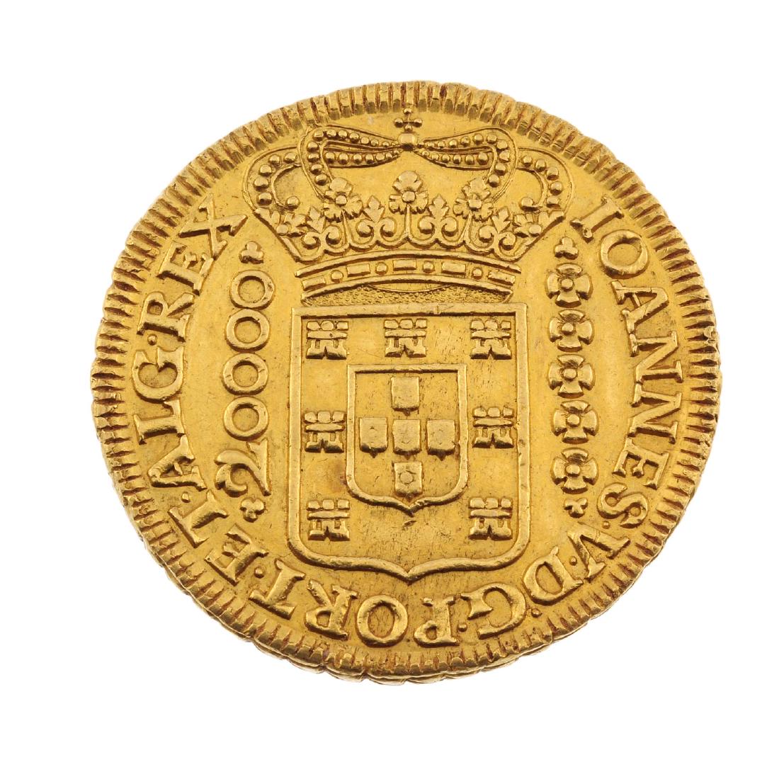 Brazil, Joao V, gold 20,000-Reis 1726M, 53.78g (KM: Brazil, Joao V, gold 20,000-Reis 1726M, 53.78g (KM 117). Extremely fine, light test marks by foot of reverse cross.