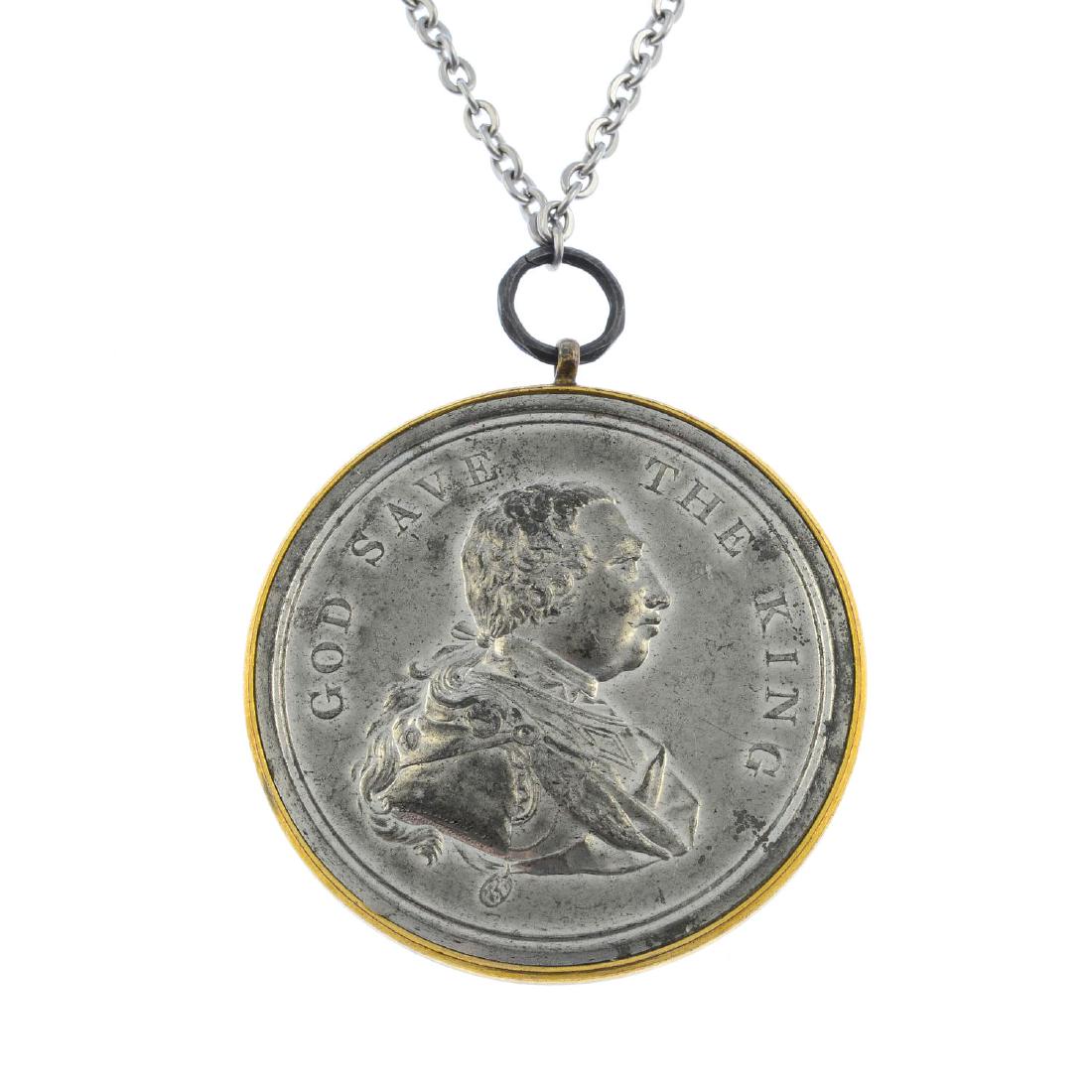 George III, Jubilee 1809, white metal medal by T: George III, Jubilee 1809, white metal medal by T Halliday, draped bust right, rev. legend in eight lines within serpent, legend around, 48mm, in brass suspension mount with ring and later chain (BHM 6