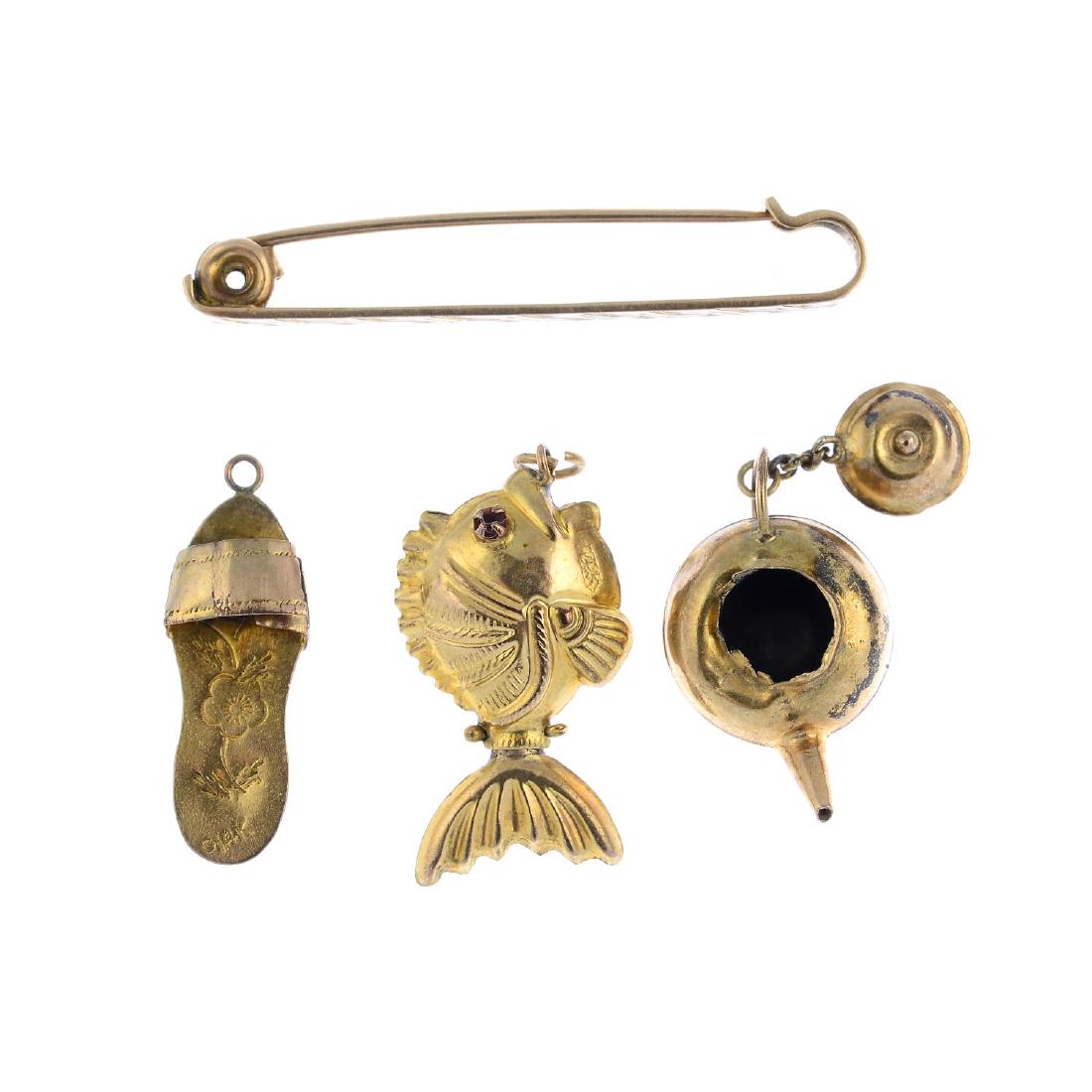 Four gem-set charms and a bar brooch. Charms to include (1 of 2)