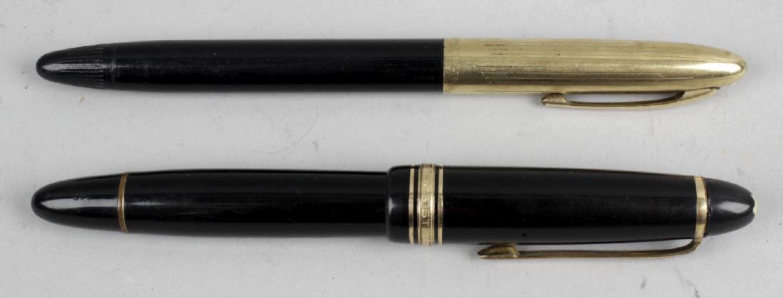 A Montblanc Meisterstuck fountain pen, the black resin: A Montblanc Meisterstuck fountain pen, the black resin body with gold coloured clip and banding, with nib marked 14C, together with a Sheaffer fountain pen with 14K nib, Montblanc 5.25 (13.5cm) long.