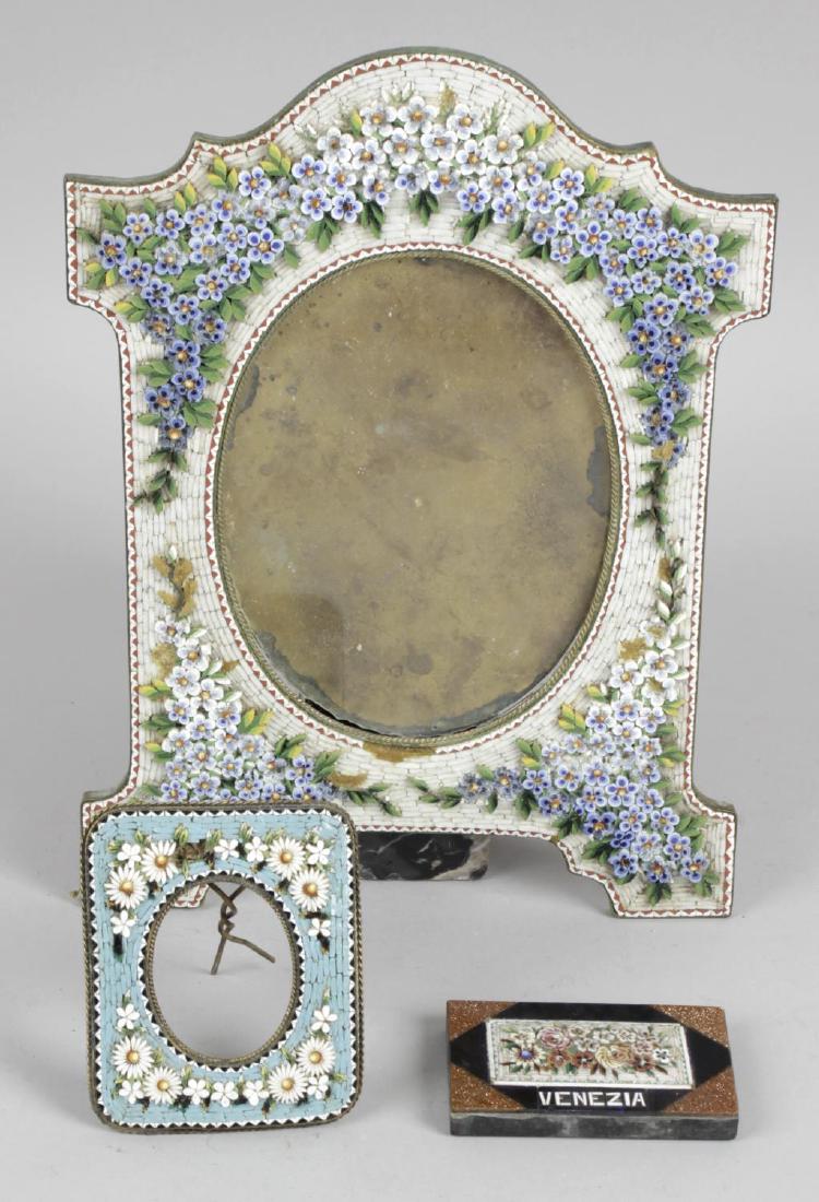 A Royal Worcester bone china plate, hand painted with a: A Royal Worcester bone china plate, hand painted with a view of Elmley, indistinctly signed 10.75 (27.25cm) diameter, together with two micro mosaic easel style photograph frames, (each a/f), a simila
