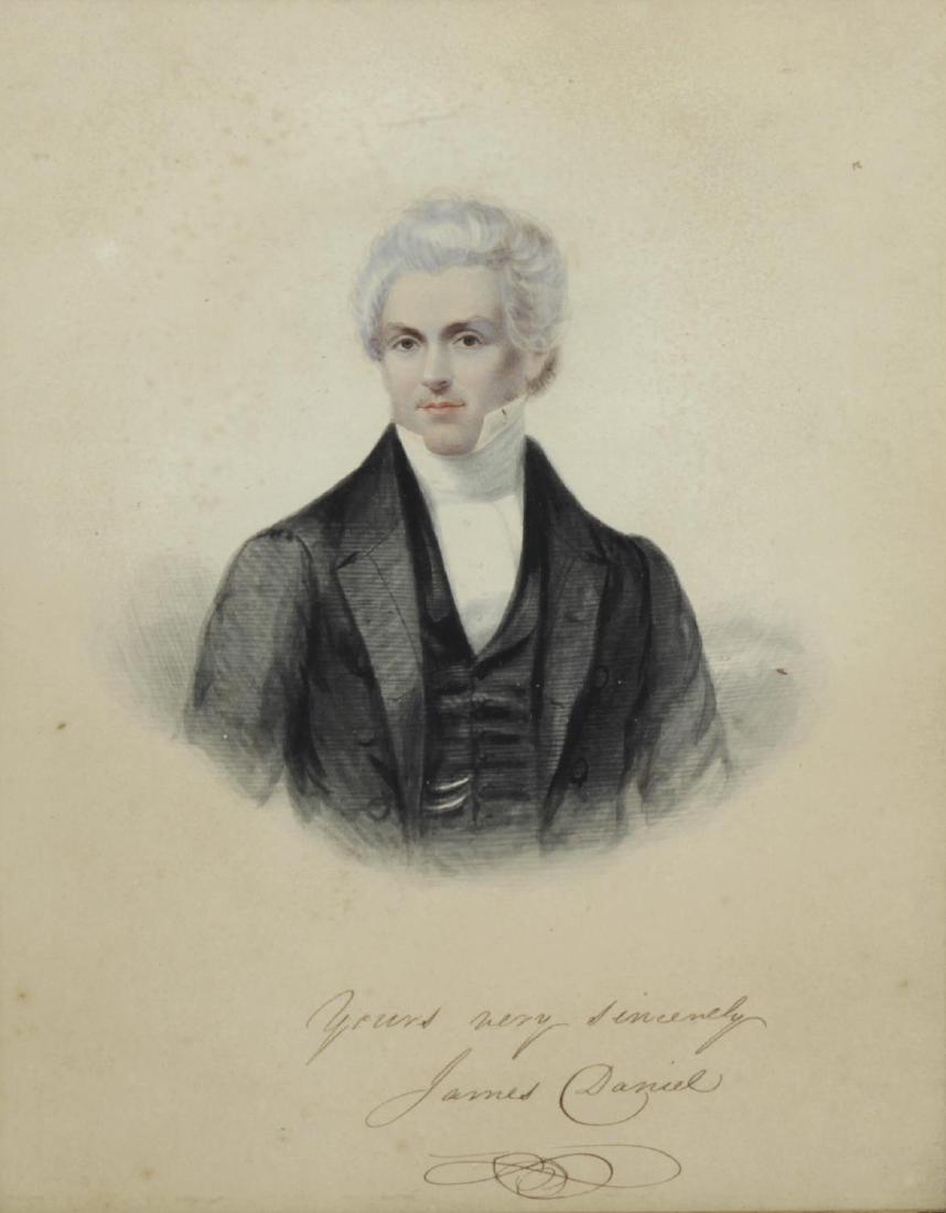 19th Century English School, a framed and glazed: 19th Century English School, a framed and glazed watercolour, half length portrait study of a gentleman, with penned inscription 'Yours very sincerely James Daniel', 9.25 x 7.5 (23.5cm x 19cm).