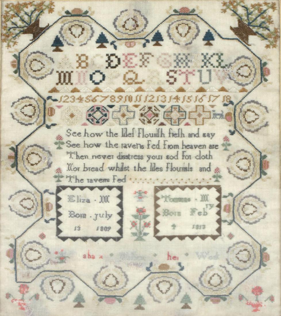 A George III framed and glazed needlework sampler,: A George III framed and glazed needlework sampler, dated 1813, 11.75 x 9.5 (29.5cm x 24cm).