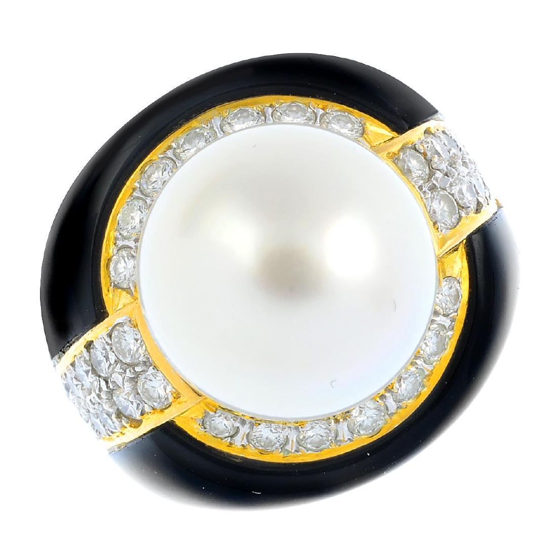 A cultured pearl, diamond and onyx dress ring. The (1 of 3)