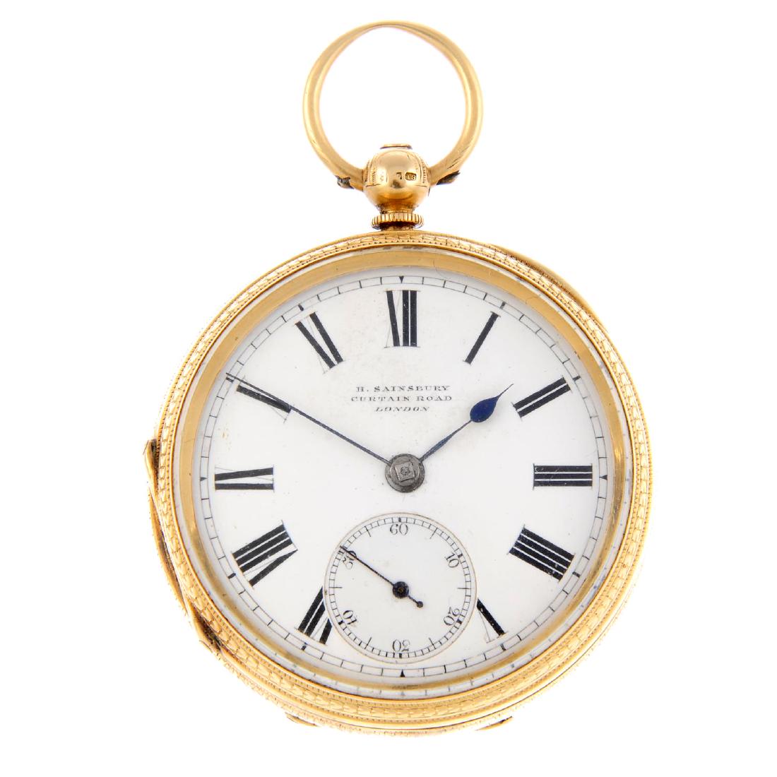 An open face pocket watch by H. Sainsbury. 18ct yellow: An open face pocket watch by H. Sainsbury. 18ct yellow gold case, hallmarked London 1880. Signed key wind full plate movement with ratchet tooth lever escapement and diamond end stone. White dial with