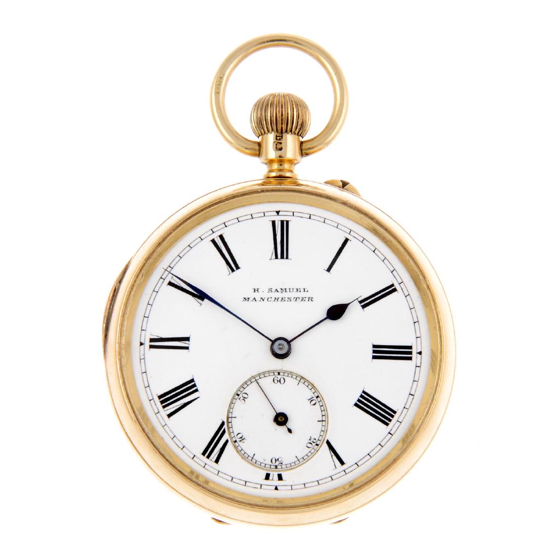 An open face pocket watch by H. Samuel. 18ct yellow: An open face pocket watch by H. Samuel. 18ct yellow gold case with engraved case back, hallmarked Chester 1901. Signed keyless wind three quarter plate movement with ratchet tooth lever escapement. Wh