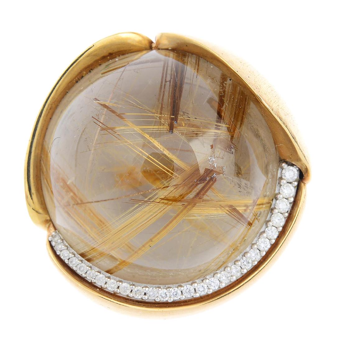 OLE LYNGGAARD - a rutilated quartz and diamond 'Lotus': OLE LYNGGAARD - a rutilated quartz and diamond 'Lotus' ring. The circular rutilated quartz cabochon, with brilliant-cut diamond line highlight, textured petal surround. Maker's mark for Ole Lynggaard.