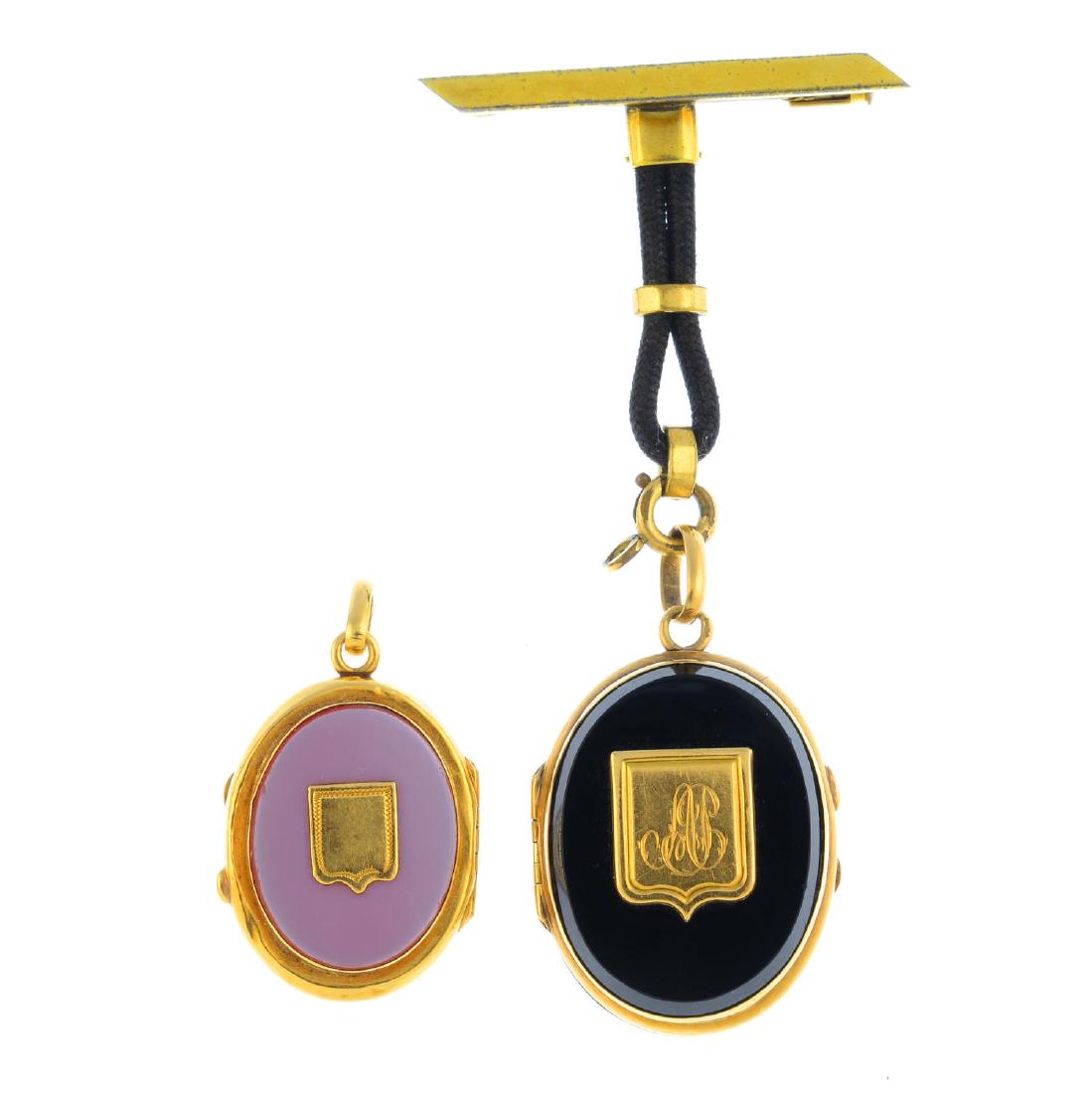 Two late Victorian gold carnelian and onyx lockets. (1 of 2)