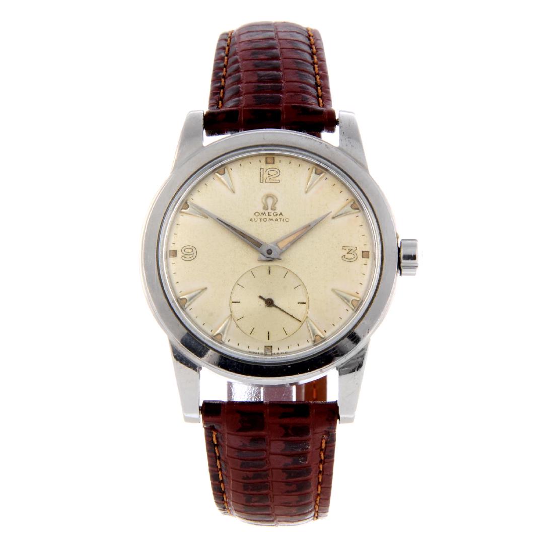 OMEGA - a gentleman's wrist watch. Stainless steel: OMEGA - a gentleman's wrist watch. Stainless steel case. Numbered 2576-4. Signed bumper automatic calibre 342. Silvered dial. Fitted to an unsigned brown leather strap with stainless steel pin buckle.