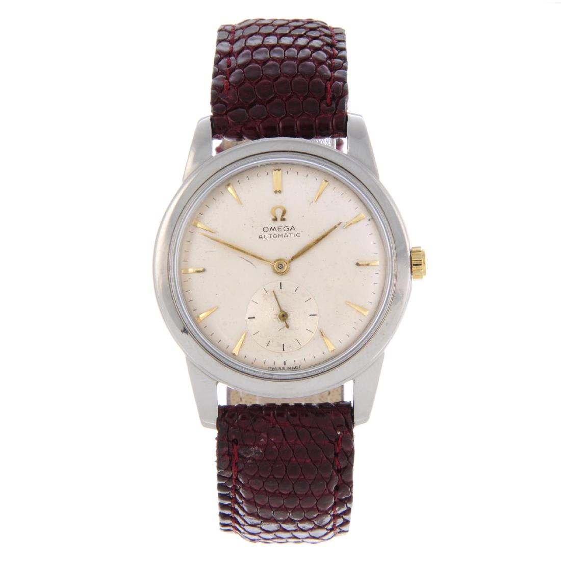 OMEGA - a gentleman's wrist watch. Stainless steel: OMEGA - a gentleman's wrist watch. Stainless steel case. Numbered C2577-5SC. Signed bumper automatic movement. Silvered dial. Fitted to an unsigned brown leather strap with stainless steel pin buckle.