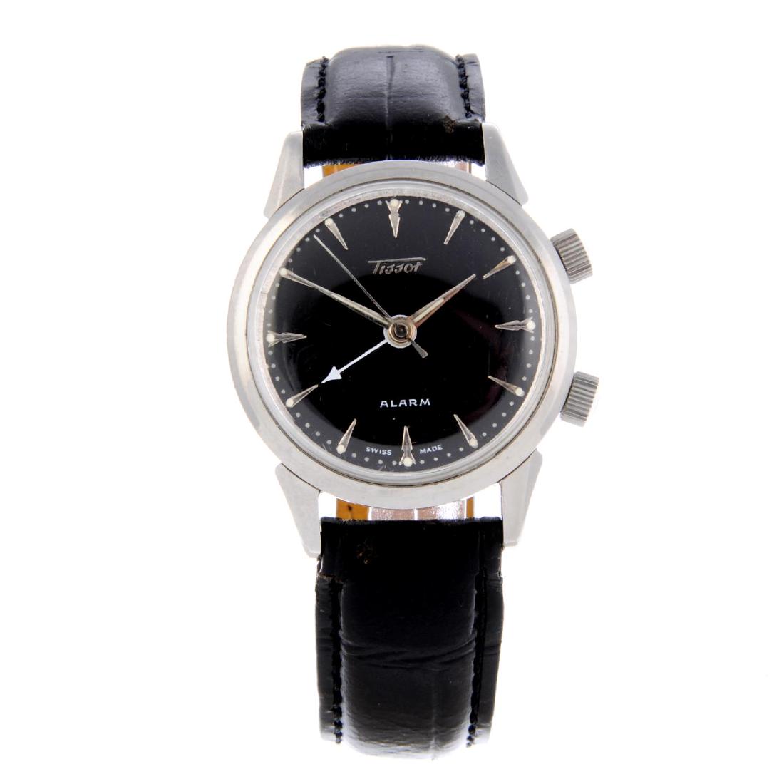 TISSOT - a gentleman's Alarm wrist watch. Stainless: TISSOT - a gentleman's Alarm wrist watch. Stainless steel case. Numbered 71402-2. Signed manual wind movement. Black dial. Fitted to an unsigned black leather strap with stainless steel pin buckle. 33