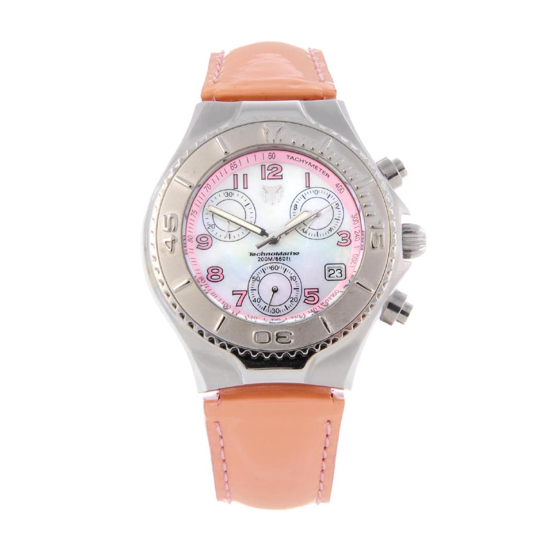 TECHNOMARINE - a chronograph wrist watch. Stainless: TECHNOMARINE - a chronograph wrist watch. Stainless steel case with calibrated bezel. Numbered 07260. Unsigned quartz movement. Mother-of-pearl dial. Fitted to a signed pink leather strap with stainle