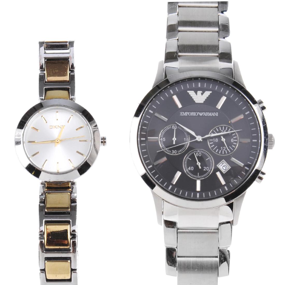 A bag of assorted watches, to include examples by DKNY: A bag of assorted watches, to include examples by DKNY and Emporio Armani. All recommended for spares or repair purposes only. Approximately 60.