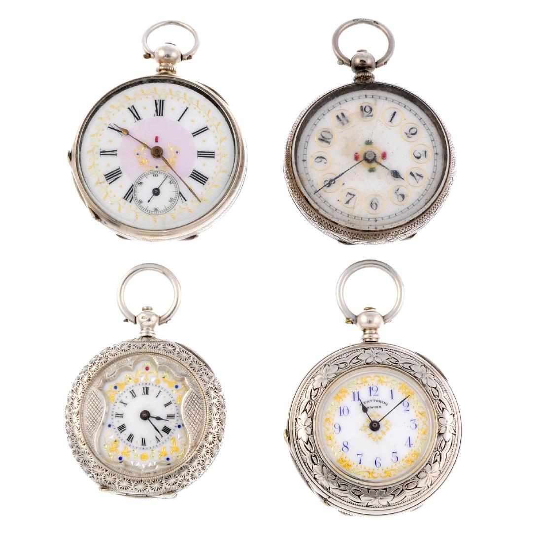 A group of four assorted white metal pocket watches. (1 of 2)