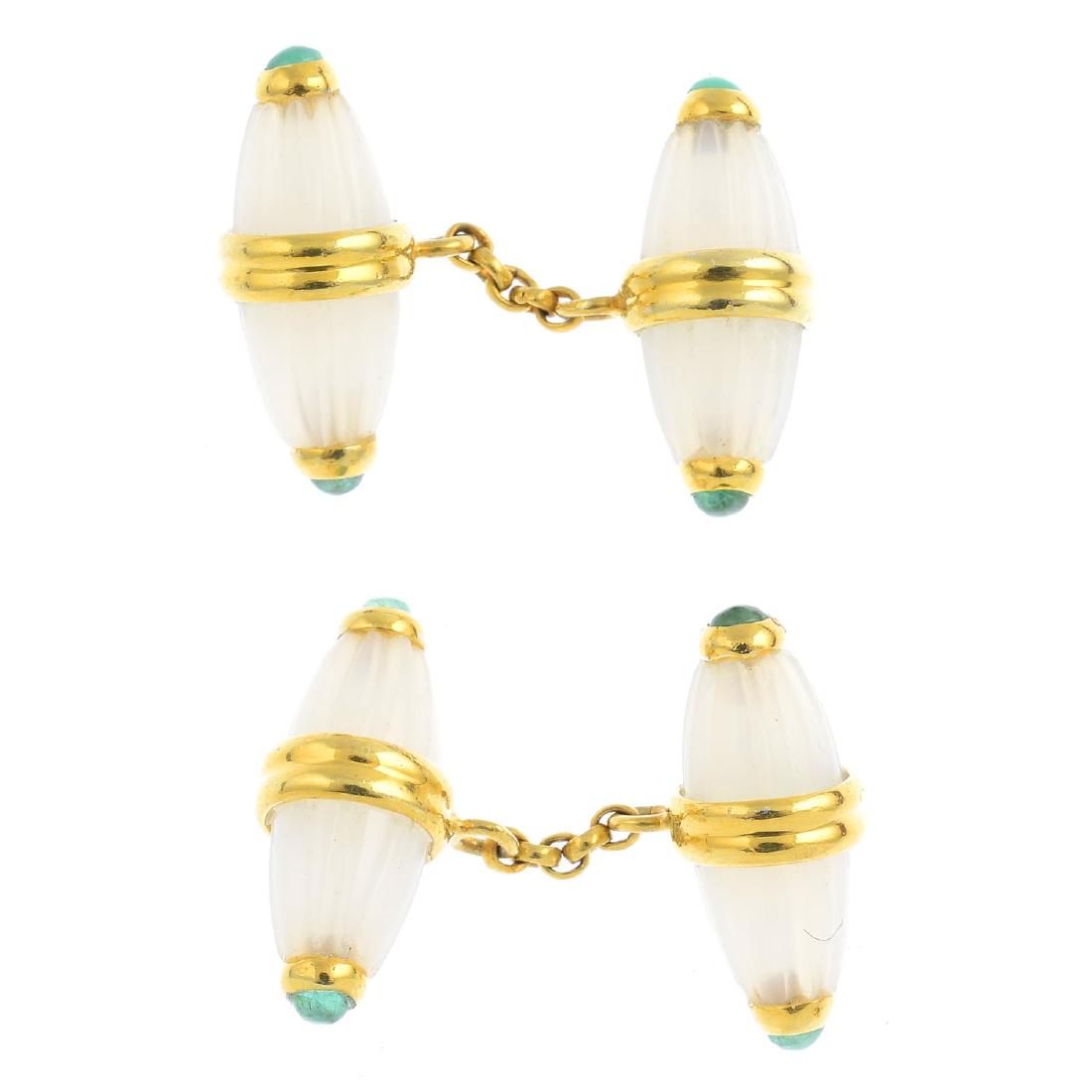 A pair of chalcedony and emerald cufflinks. Each (1 of 2)