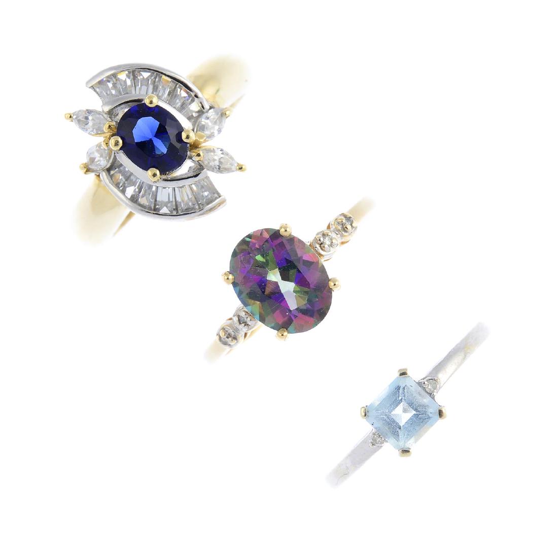 Three 9ct gold gem-set rings. To include a blue paste (1 of 3)