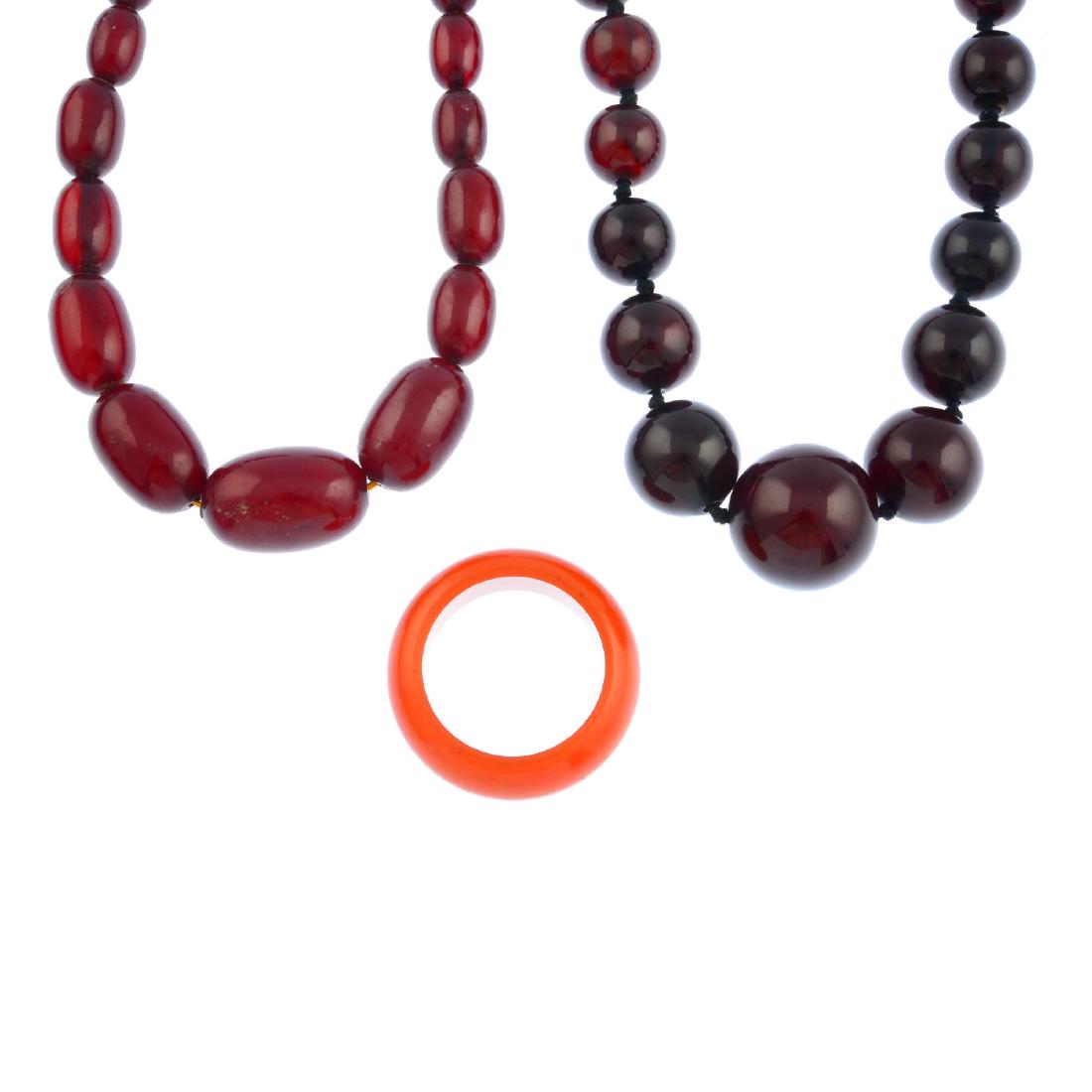 Two bakelite bead necklaces and a scarf ring. To (1 of 3)