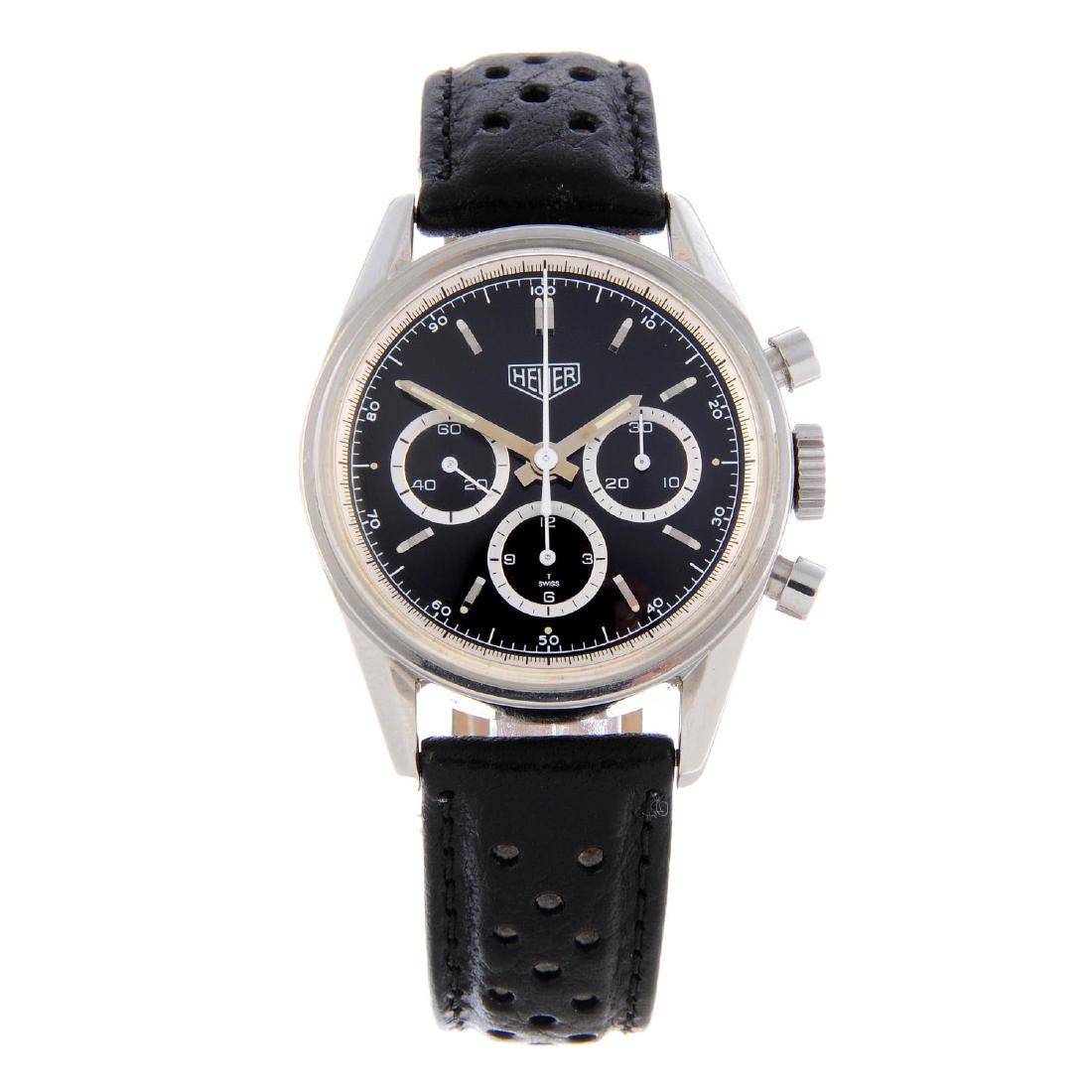 TAG HEUER - a gentleman's Carrera re-edition: TAG HEUER - a gentleman's Carrera re-edition chronograph wrist watch. Stainless steel case. Signed manual wind movement. Black dial with baton hour markers, subsidiary recorder dials to three, six and