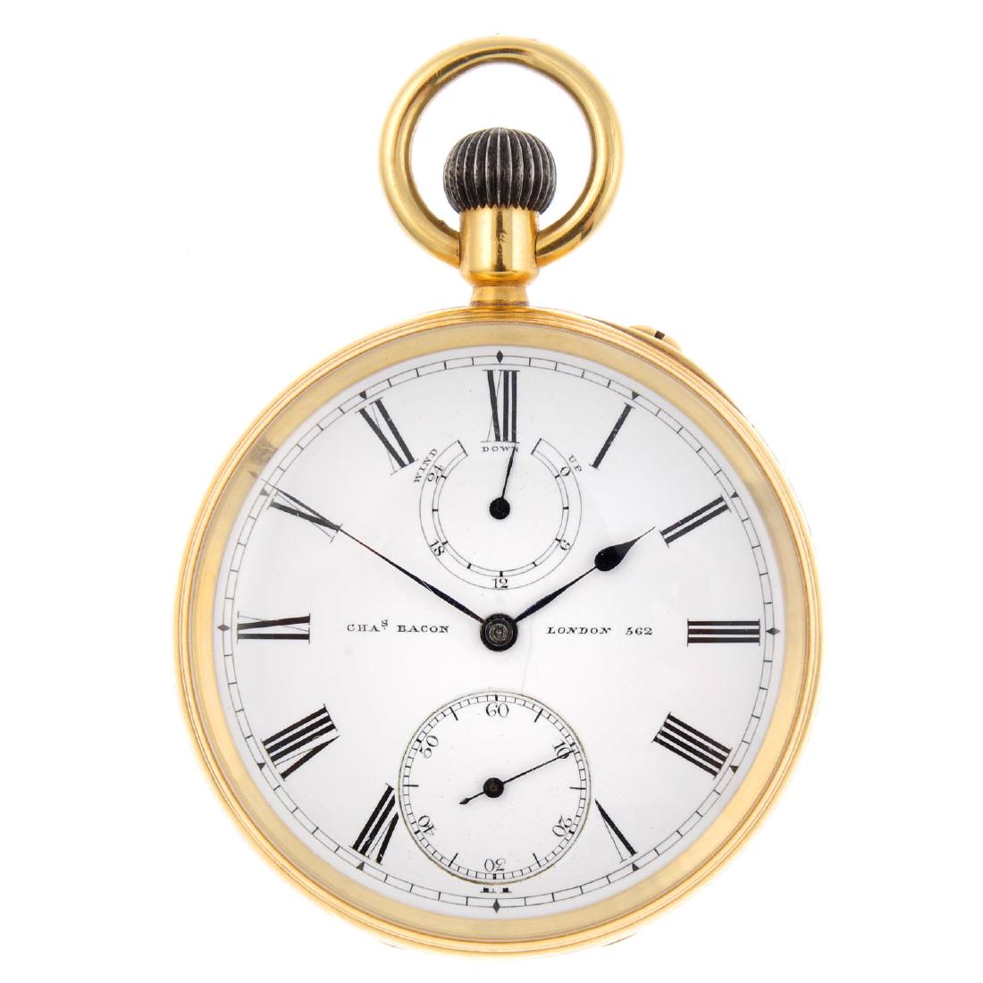 An open face pocket watch by C. Bacon. 18ct yellow gold: An open face pocket watch by C. Bacon. 18ct yellow gold case with engraved case back, hallmarked London 1922. Signed keyless wind three quarter plate movement with ratchet tooth lever escapement. Whit