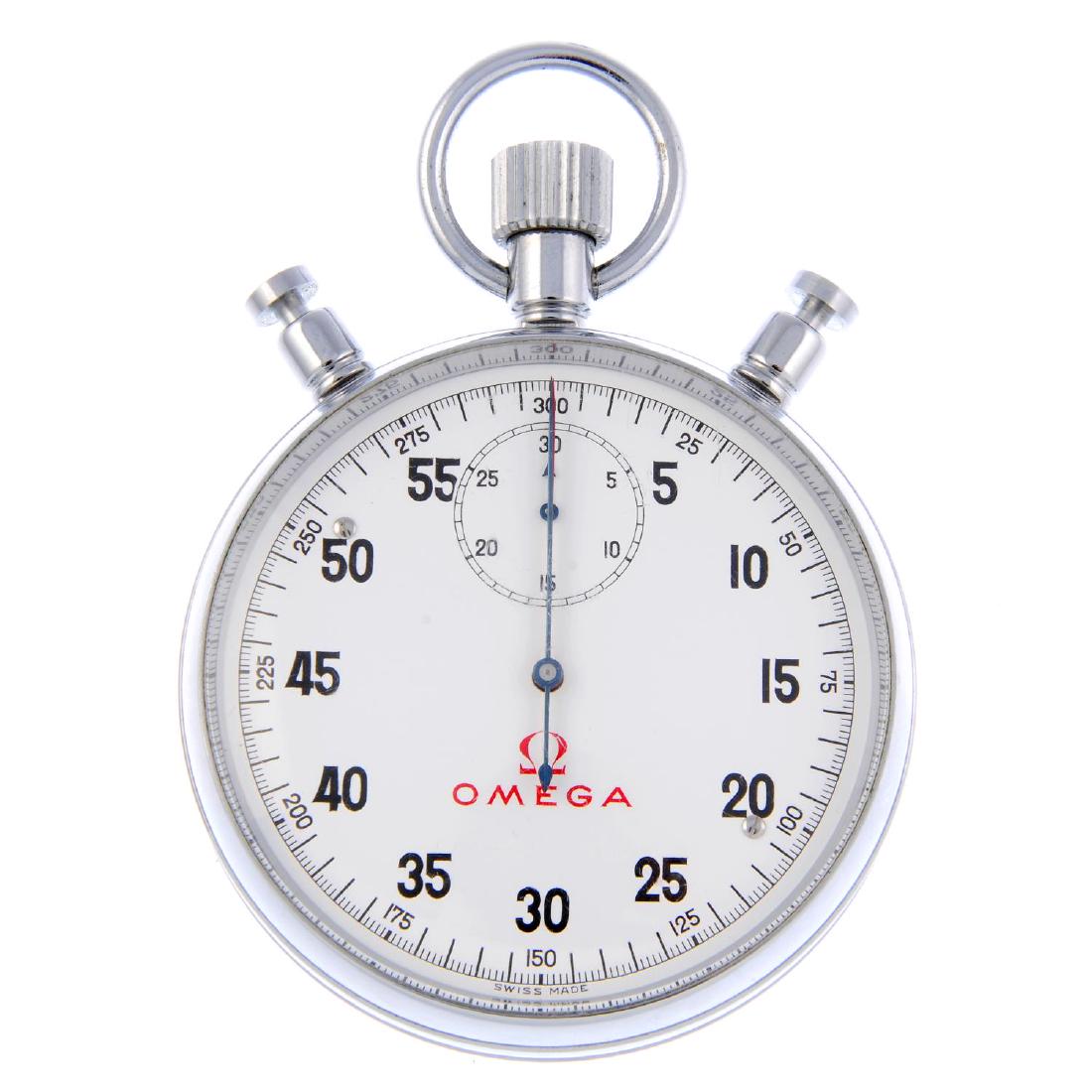 An open face stop watch by Omega. Nickel plated case. (1 of 2)