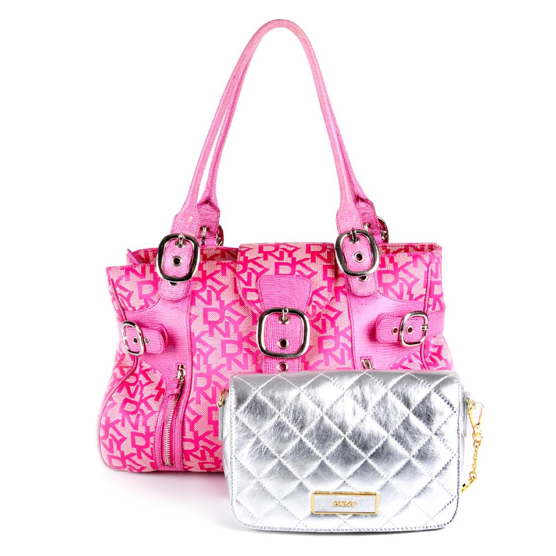 DKNY- two handbags. To include a diamond quilted silver: DKNY- two handbags. To include a diamond quilted silver leather handbag, with gold-tone hardware, an optional chain and leather shoulder strap and detachable logo charm, together with a pink monogram