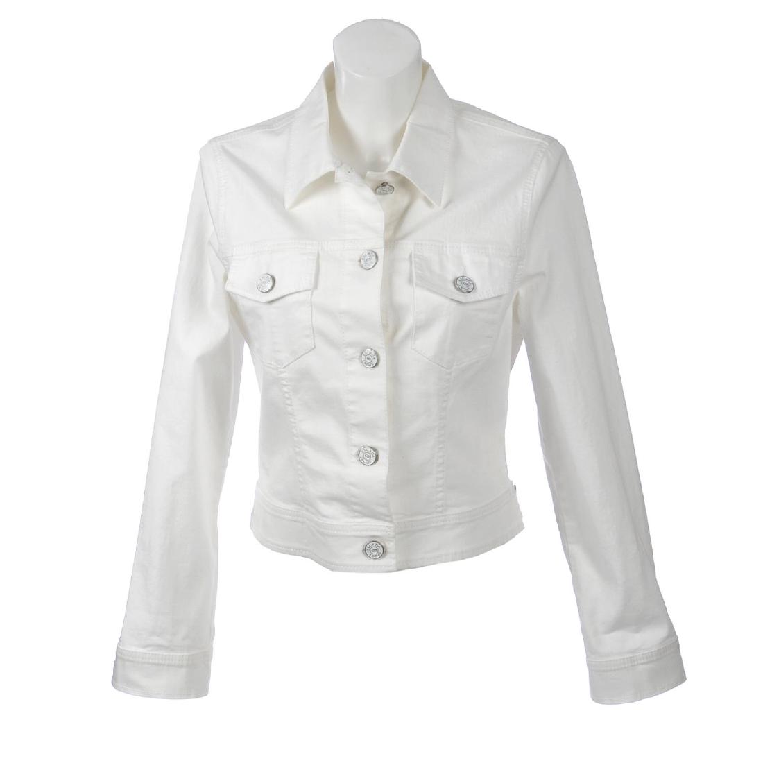 A selection of designer clothing. To include two: A selection of designer clothing. To include two LaCoste cotton polo shirts, a white Escada Sport denim jacket, together with a red and grey ribbed turtleneck jumper, with purple trim to the collar an