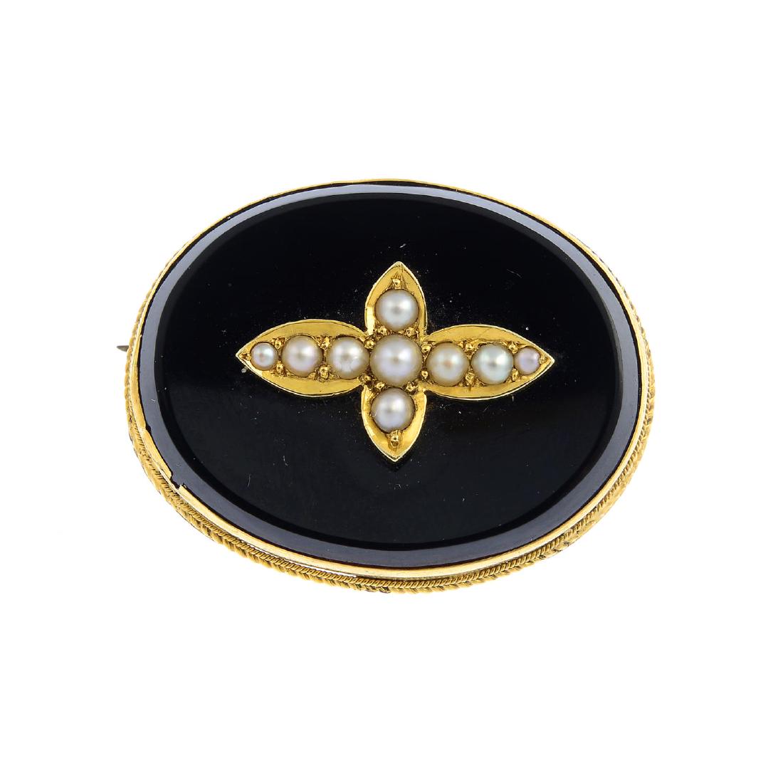A late Victorian gold split pearl and onyx brooch. Of (1 of 2)