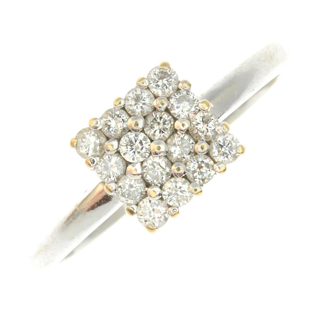 An 18ct gold diamond cluster ring. Of square outline, (1 of 3)
