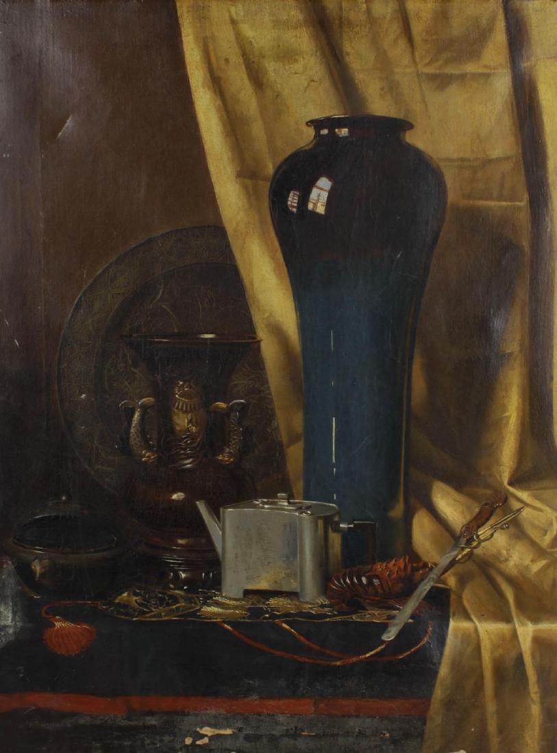 Still life with oriental objects, to include a baluster: Still life with oriental objects, to include a baluster vase, a bronze vase, a charger, teapot with Chinese characters, an incense burner, a lobster and a knife before a curtain, oil on canvas, indist