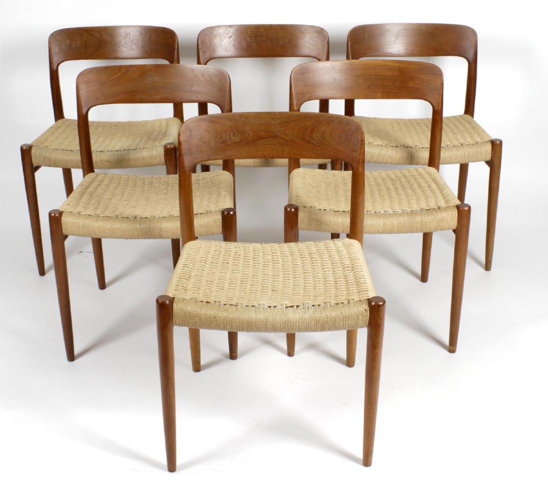 A set of six J. L. Moller model 75 teak framed dining: A set of six J. L. Moller model 75 teak framed dining room chairs, each with woven string seats, together with a stained wooden extending dining room table, the shaped rectangular draw leaf top above