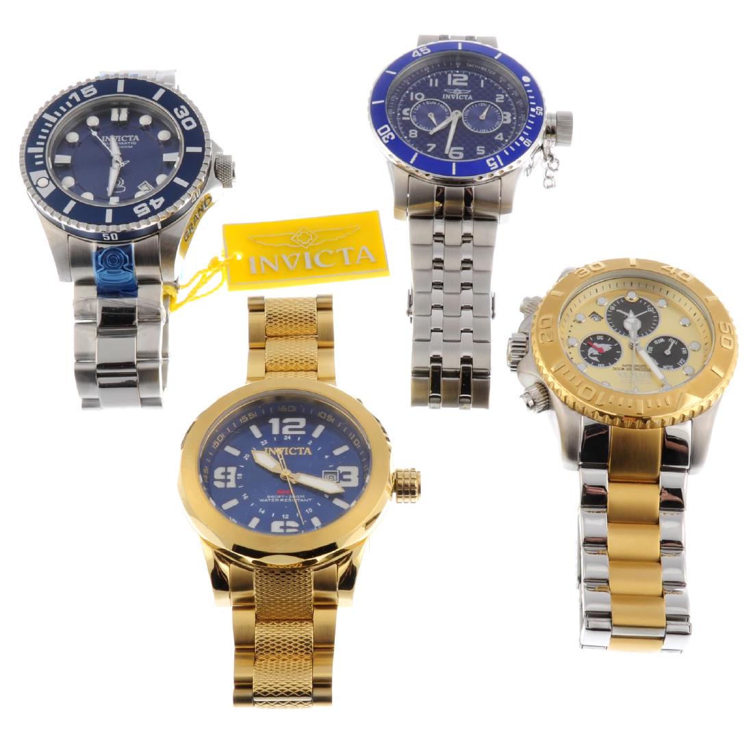 A group of four Invicta watches. Box and papers. All: A group of four Invicta watches. Box and papers. All recommended for spares or repair purposes only.