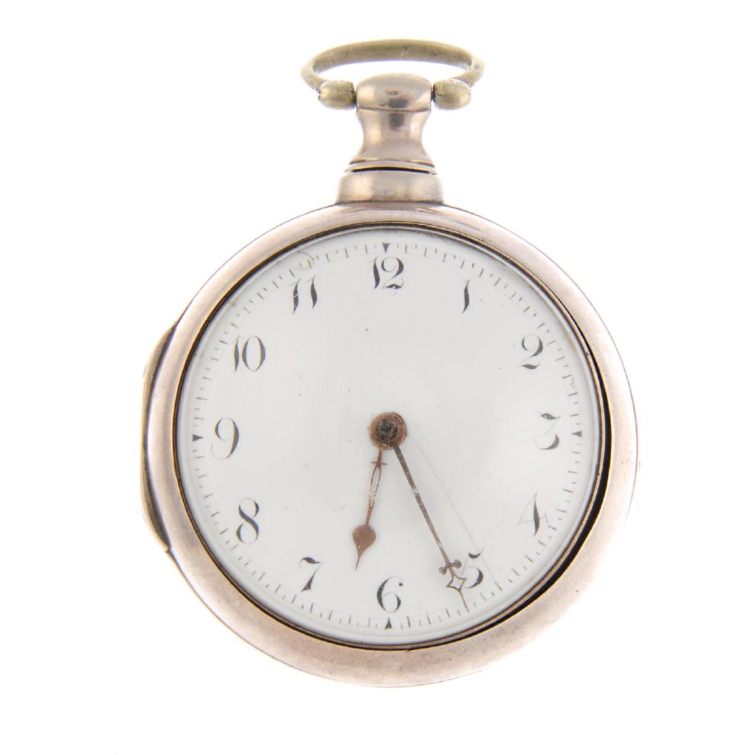 A pair case pocket watch. Silver cases, hallmarked: A pair case pocket watch. Silver cases, hallmarked Birmingham 1814. Unsigned key wind full plate fusee and chain movement with verge escapement. White dial. Outer case 54mm.