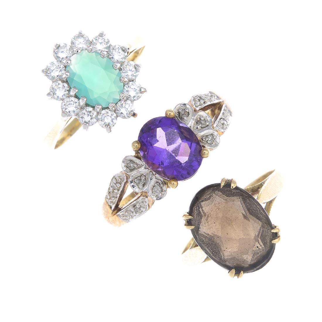 Five 9ct gold gem-set rings. To include an amethyst and (1 of 3)