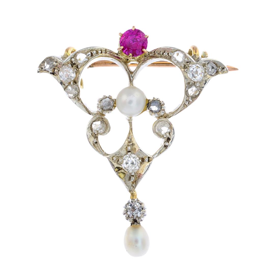 A diamond and gem-set brooch. The cultured pearl and (1 of 2)